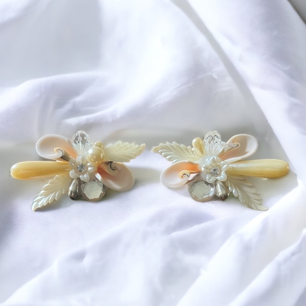 Vintage Ornate Clip on Ear Rings Wonderful Statement Earrings Shells and Beads